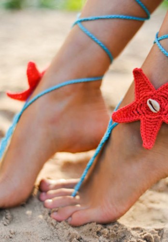 Coral and Aqua Starfish Seashells Crochet Barefoot Sandals
