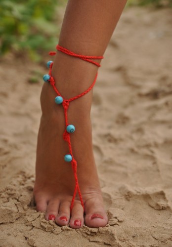 Red Crochet Barefoot Sandals with Turquoise gemstones