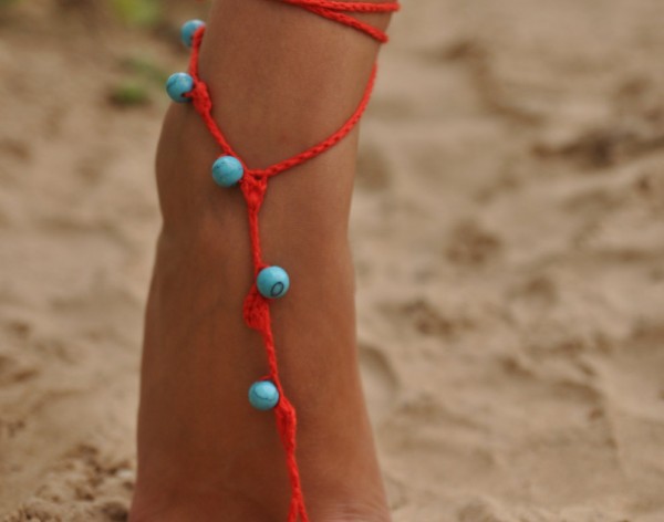 Red Crochet Barefoot Sandals with Turquoise gemstones