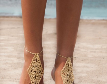Metallic gold thread crocheted footless sandals
