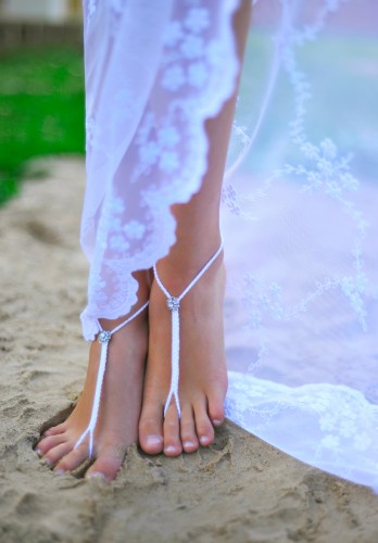 Rhinestone Beach wedding White Crochet Barefoot Sandals