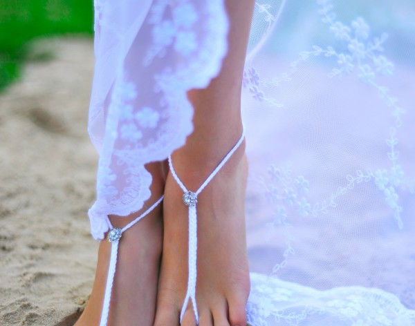 Rhinestone Beach wedding White Crochet Barefoot Sandals