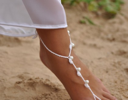 Beach wedding White and Pearl Beaded Barefoot Sandals