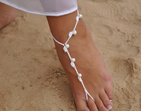 Beach wedding White and Pearl Beaded Barefoot Sandals